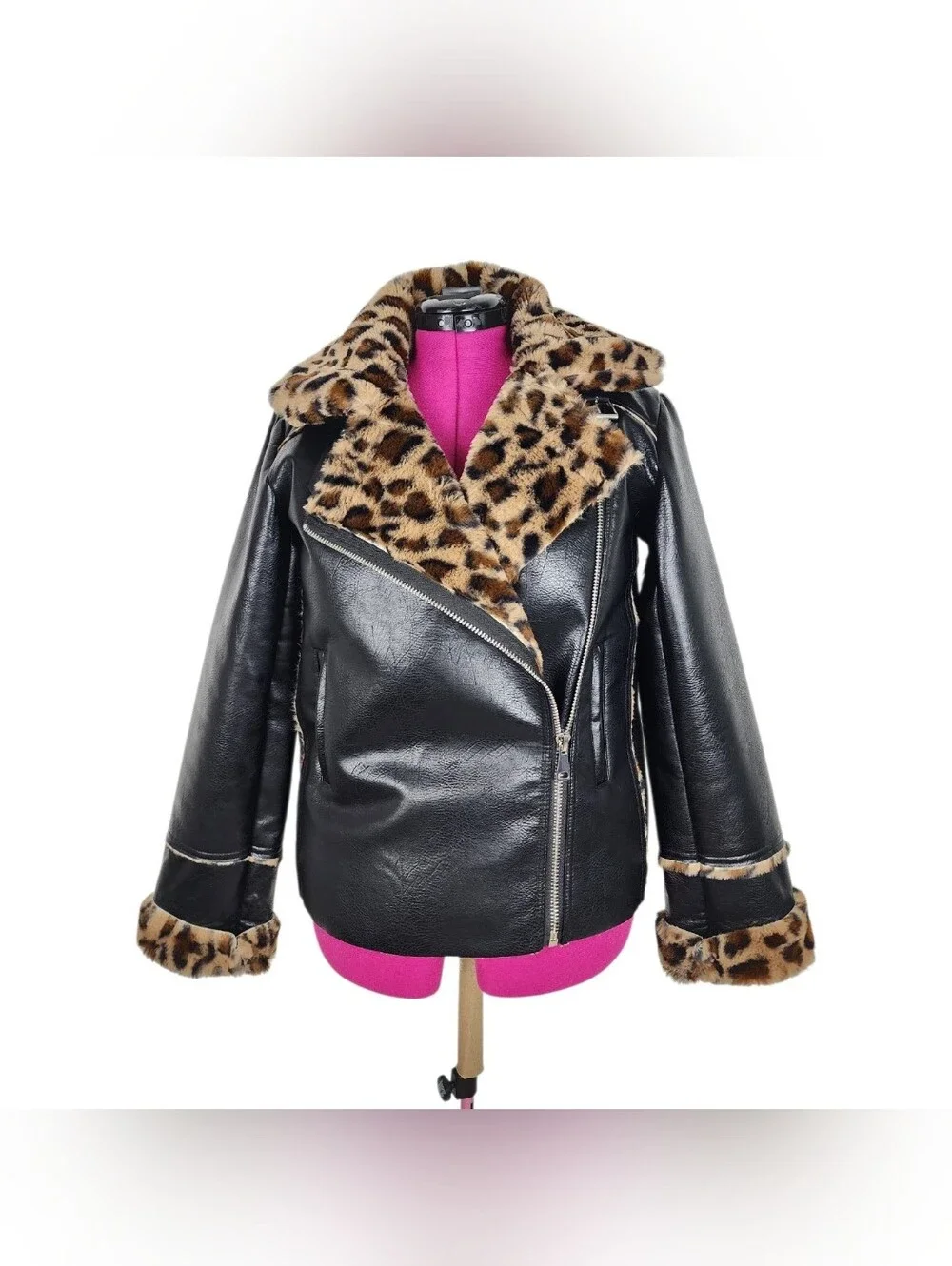 Black Faux Leather Moto Jacket with Leopard Faux Fur Accent
